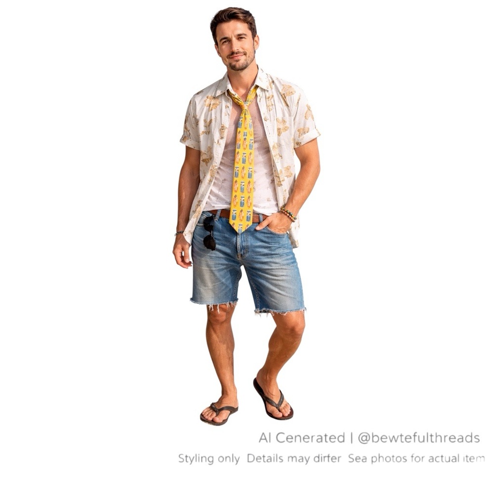 POPOLO Hand Made Surfboard Tiki Print Novelty Tie Yellow Hawaiian Retro (3/$25)